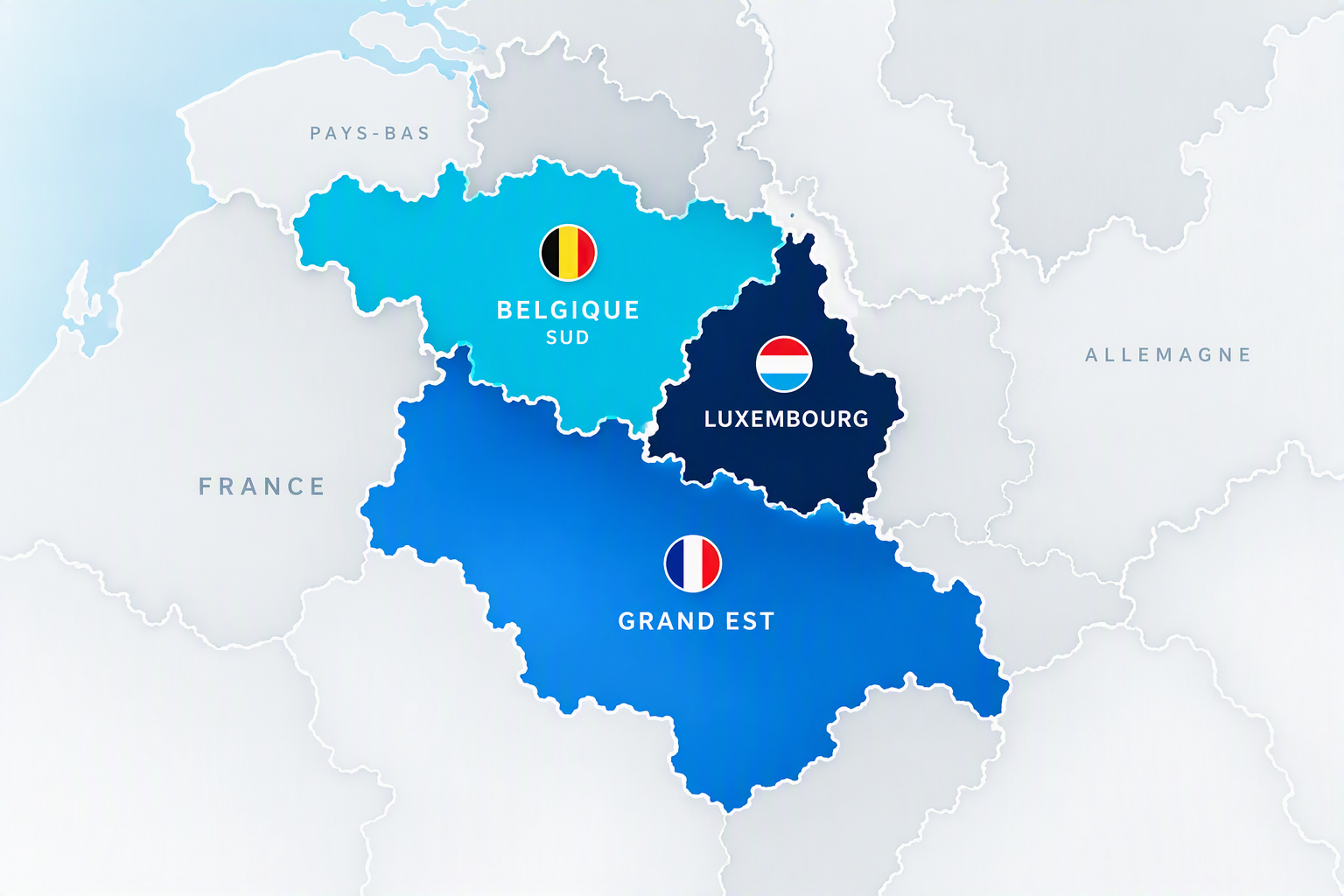 Carte des zones d’intervention LCB : Luxembourg, sud de la Belgique et Grand Est en France
